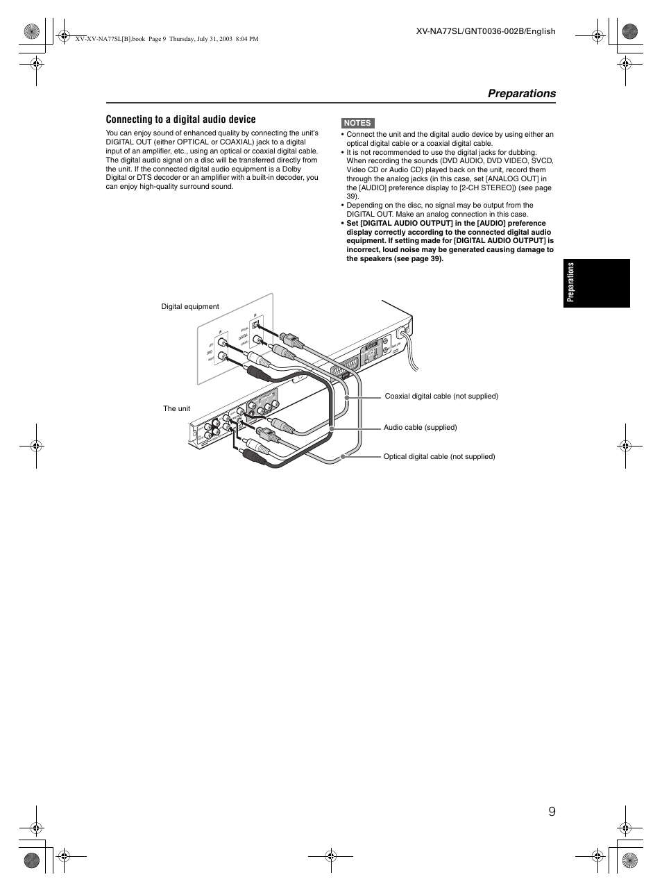 Preparations, Connecting to a digital audio device | JVC XV-NA77SL User Manual | Page 11 / 54
