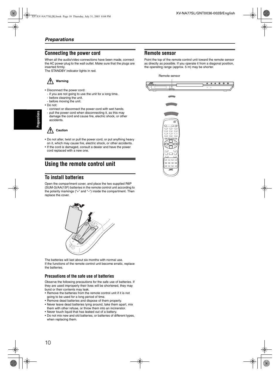 Using the remote control unit, Connecting the power cord, Remote sensor | Preparations | JVC XV-NA77SL User Manual | Page 12 / 54