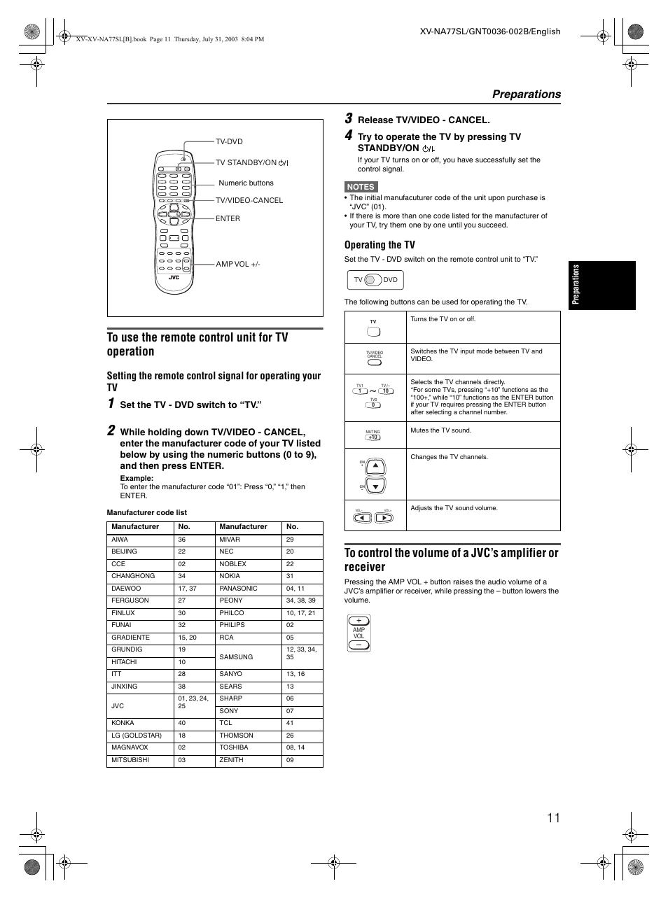 Preparations, Operating the tv | JVC XV-NA77SL User Manual | Page 13 / 54