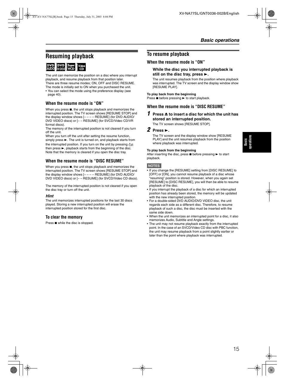 Resuming playback, Basic operations | JVC XV-NA77SL User Manual | Page 17 / 54