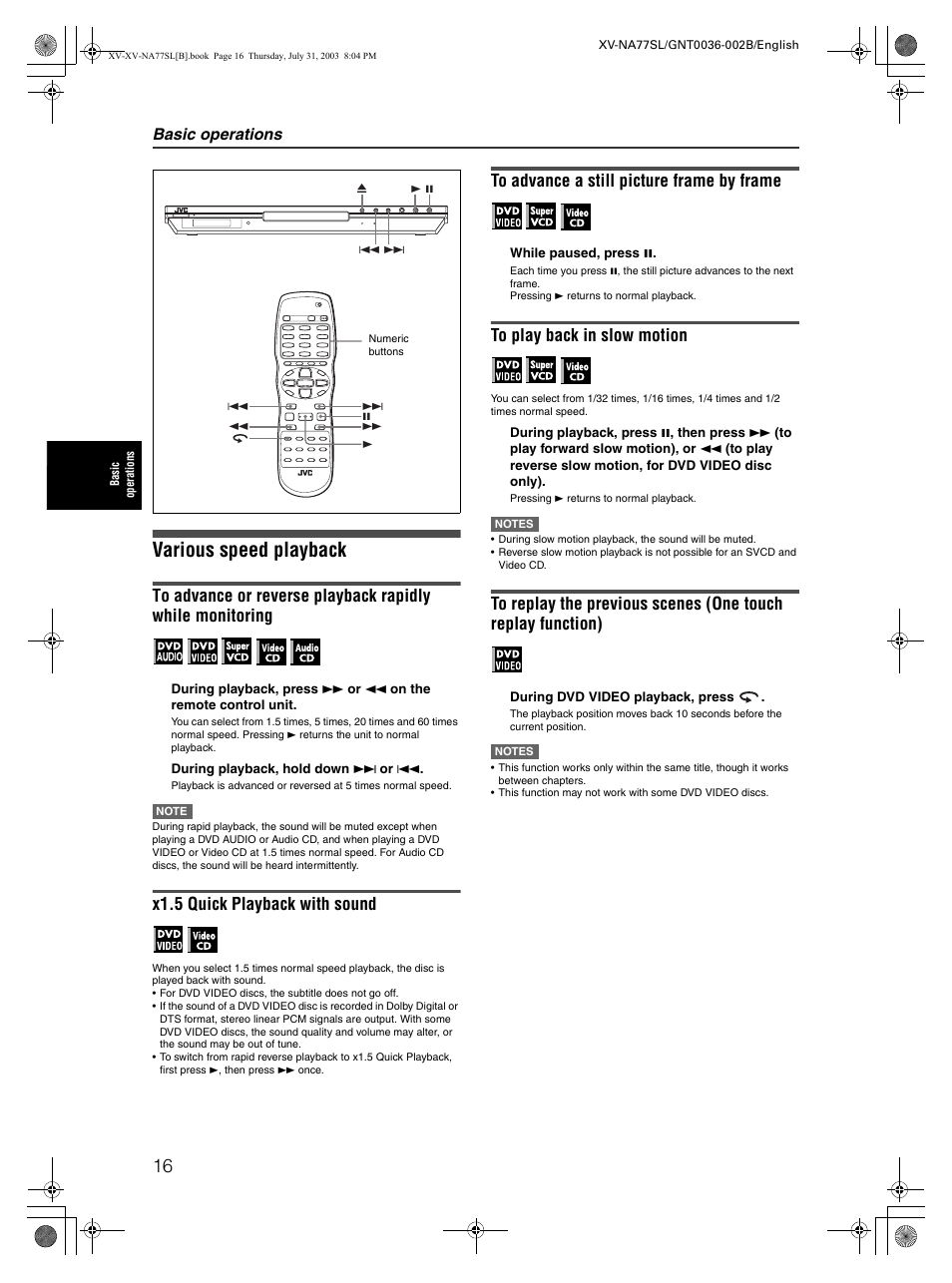 Various speed playback, X1.5 quick playback with sound, Basic operations | JVC XV-NA77SL User Manual | Page 18 / 54
