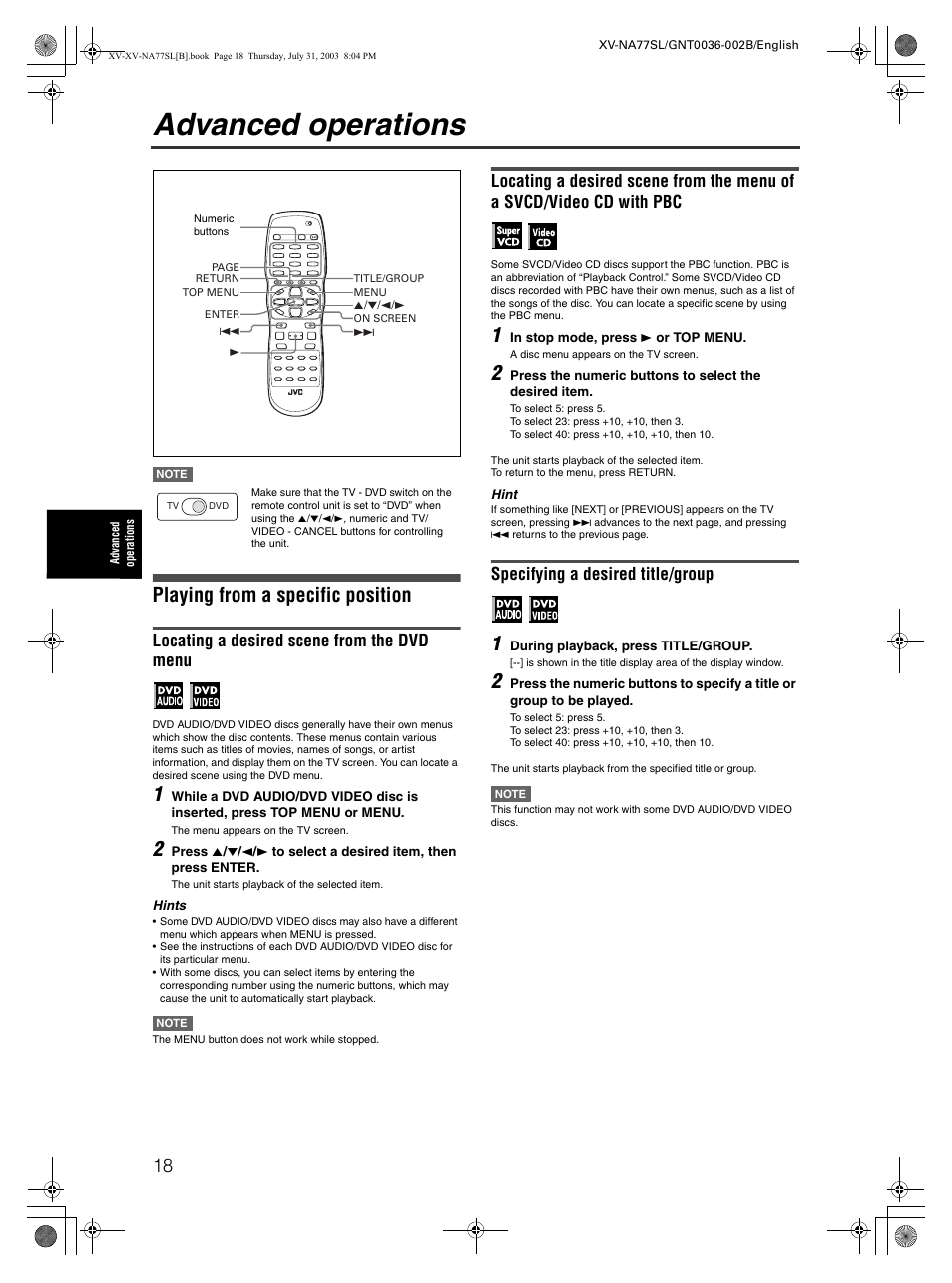 Advanced operations, Playing from a specific position, Locating a desired scene from the dvd menu | Specifying a desired title/group | JVC XV-NA77SL User Manual | Page 20 / 54