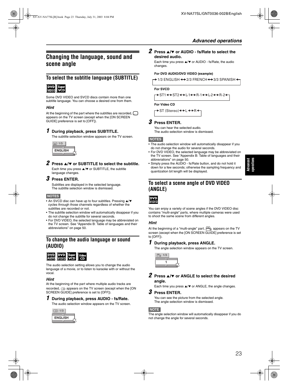 Changing the language, sound and scene angle, Advanced operations | JVC XV-NA77SL User Manual | Page 25 / 54