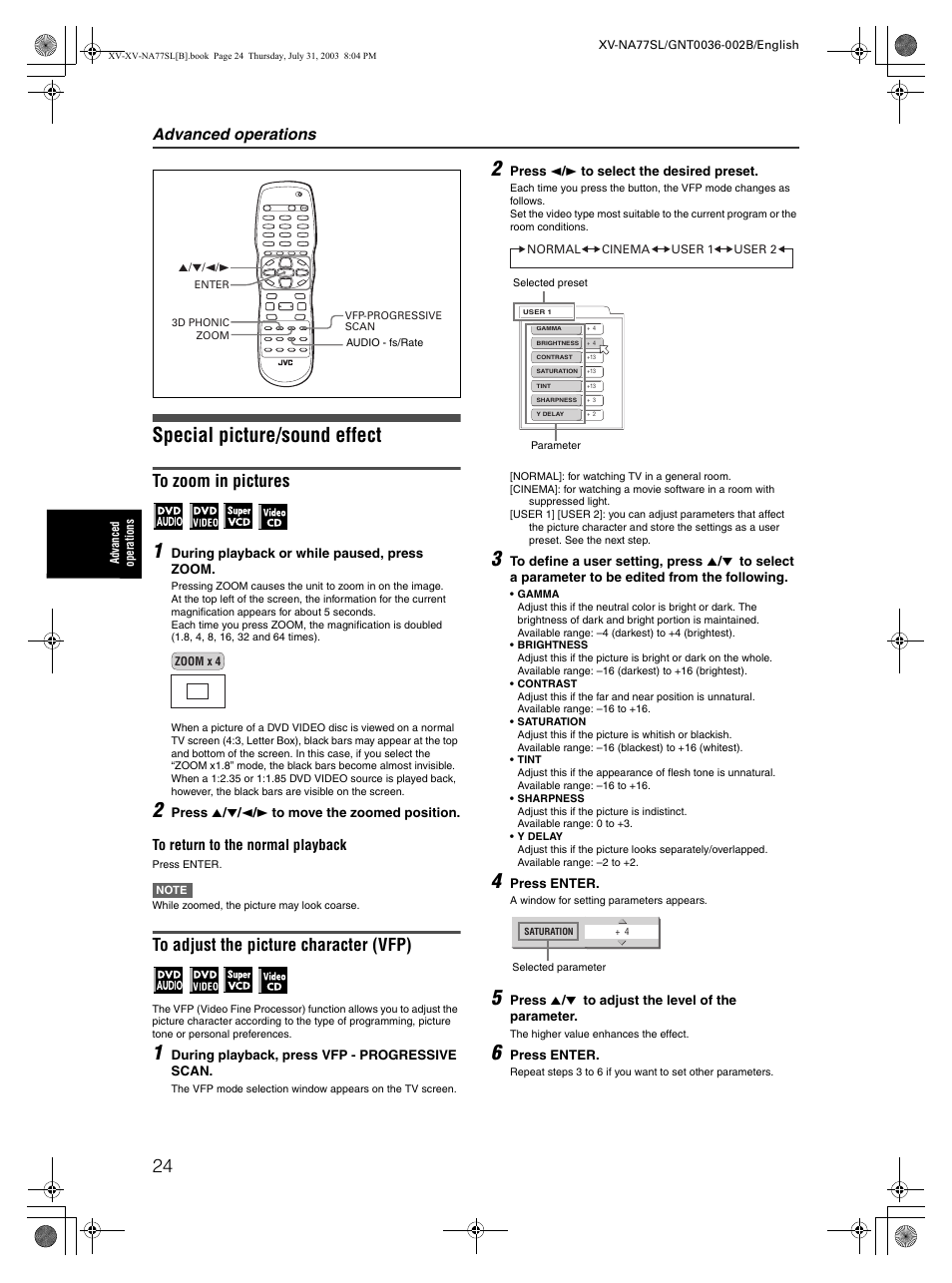 Special picture/sound effect, Advanced operations | JVC XV-NA77SL User Manual | Page 26 / 54