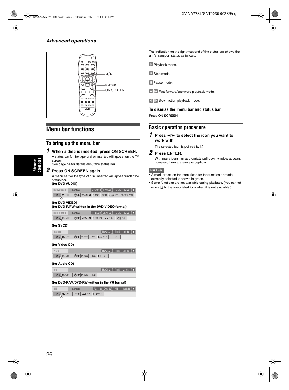 Menu bar functions, Basic operation procedure, Advanced operations | JVC XV-NA77SL User Manual | Page 28 / 54