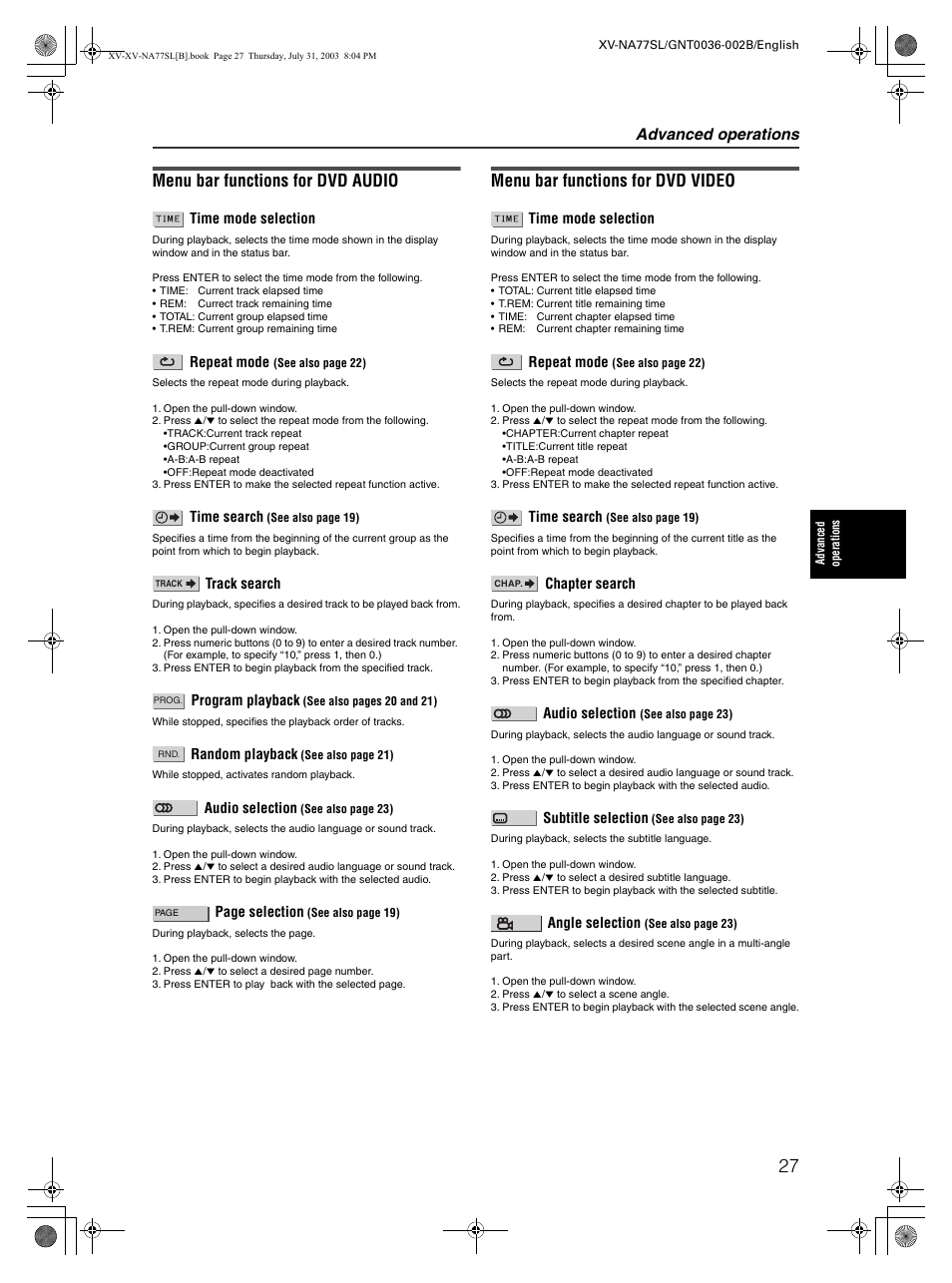 Menu bar functions for dvd audio, Menu bar functions for dvd video, Advanced operations | JVC XV-NA77SL User Manual | Page 29 / 54