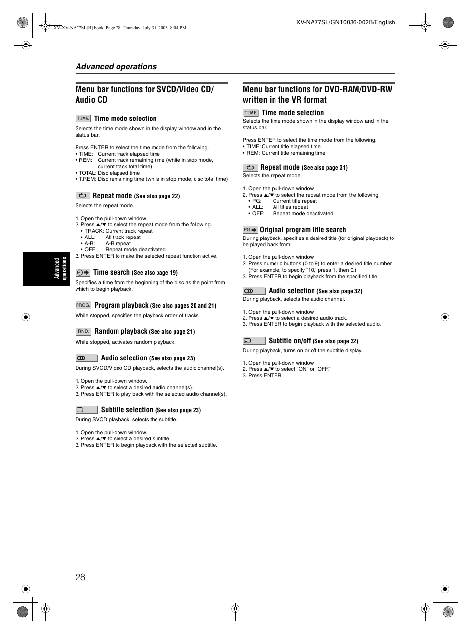 Menu bar functions for svcd/video cd/ audio cd, Advanced operations | JVC XV-NA77SL User Manual | Page 30 / 54