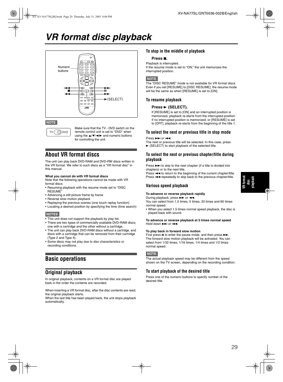 Vr format disc playback, About vr format discs, Basic operations | Original playback | JVC XV-NA77SL User Manual | Page 31 / 54