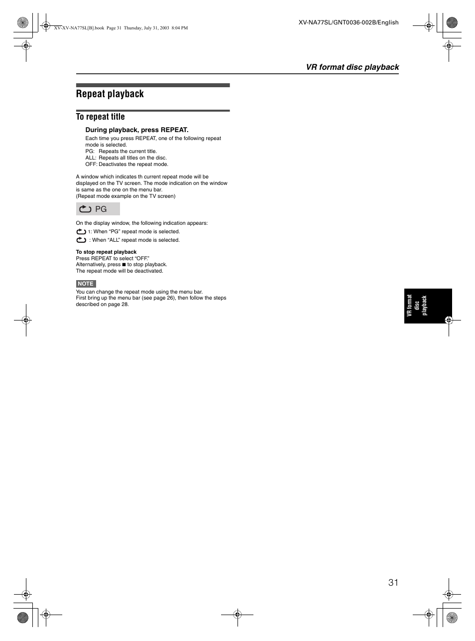 Repeat playback, Vr format disc playback | JVC XV-NA77SL User Manual | Page 33 / 54