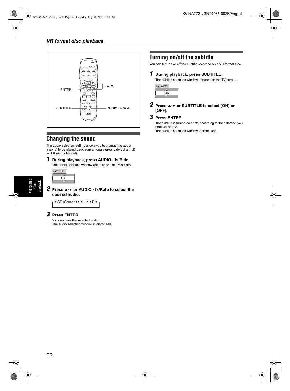 Changing the sound, Turning on/off the subtitle | JVC XV-NA77SL User Manual | Page 34 / 54