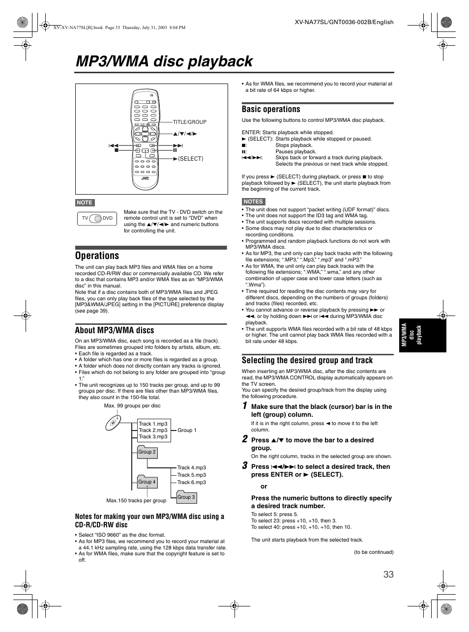 Mp3/wma disc playback, Operations, About mp3/wma discs | Basic operations, Selecting the desired group and track | JVC XV-NA77SL User Manual | Page 35 / 54