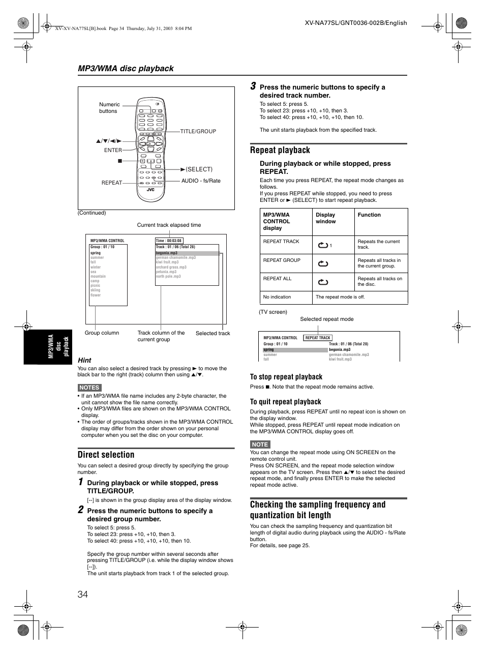 Direct selection, Repeat playback, Mp3/wma disc playback | JVC XV-NA77SL User Manual | Page 36 / 54