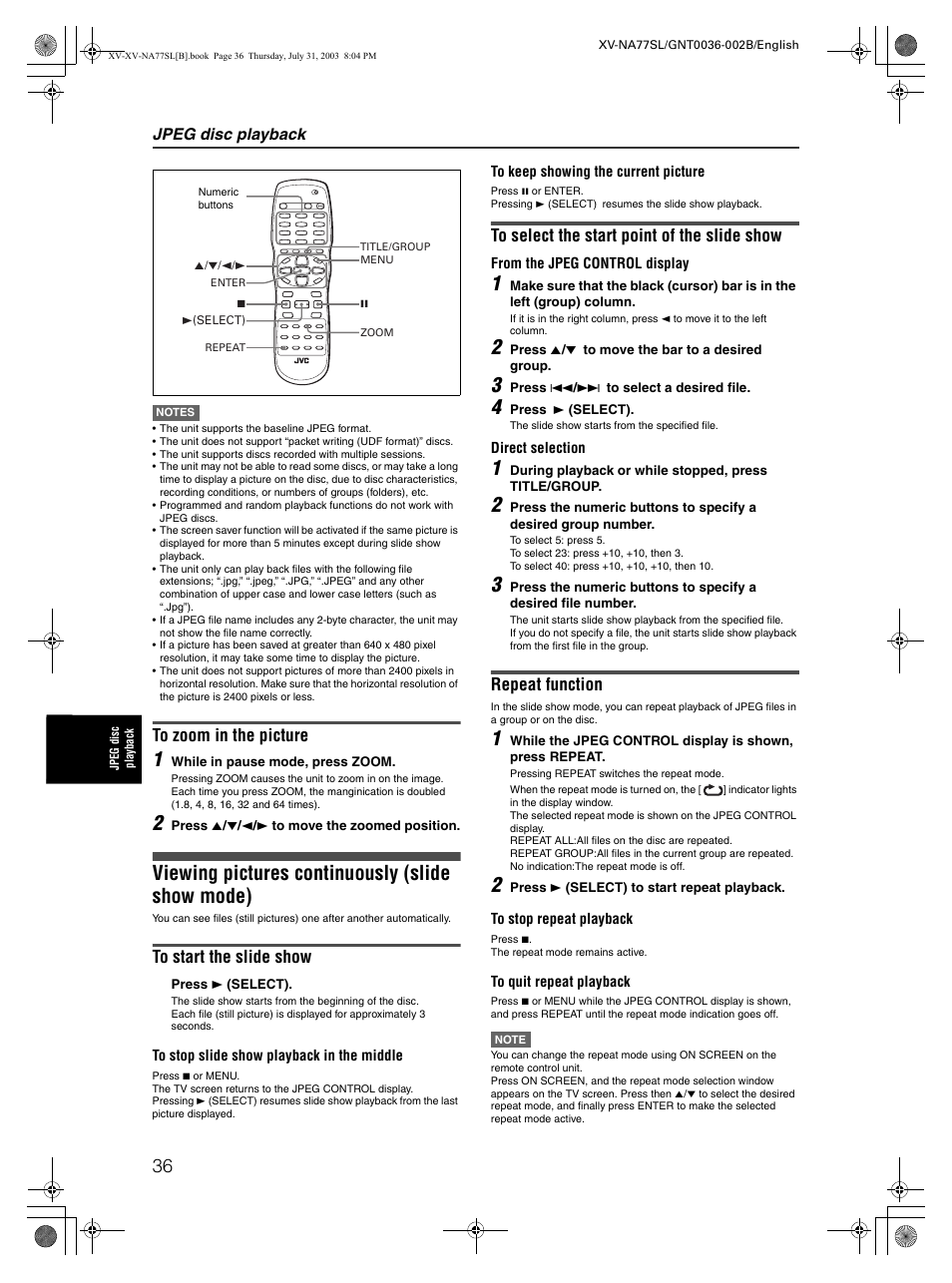 Viewing pictures continuously (slide show mode), Repeat function, Jpeg disc playback | JVC XV-NA77SL User Manual | Page 38 / 54