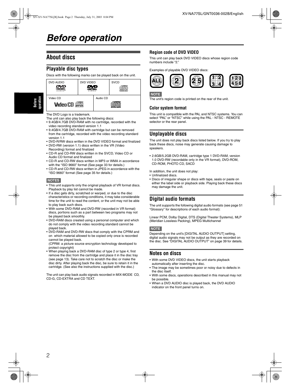 Before operation, About discs, Playable disc types | Unplayable discs, Digital audio formats | JVC XV-NA77SL User Manual | Page 4 / 54