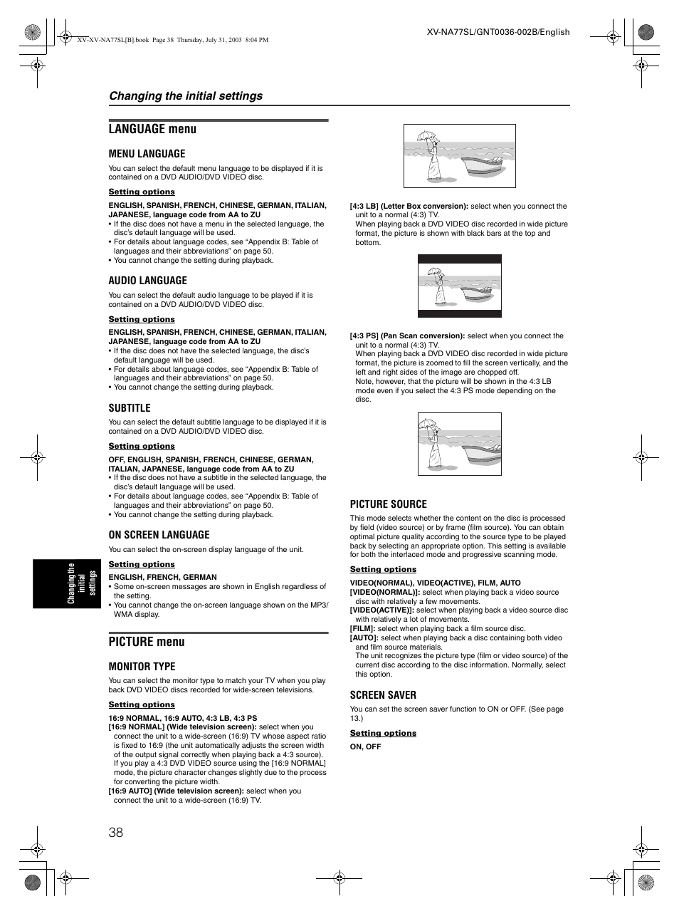 Language menu, Picture menu, Changing the initial settings | JVC XV-NA77SL User Manual | Page 40 / 54