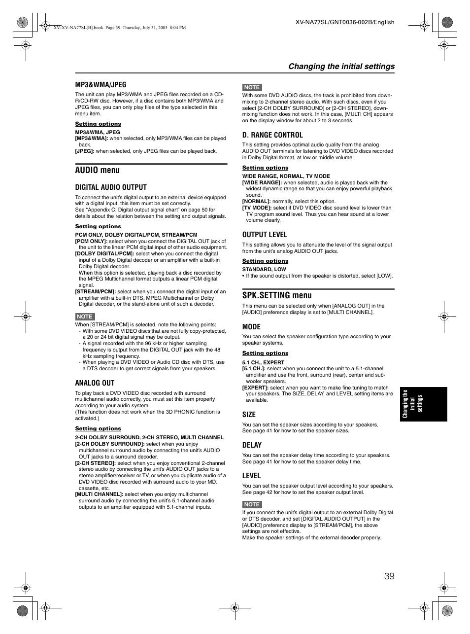 Audio menu, Spk.setting menu, Changing the initial settings | JVC XV-NA77SL User Manual | Page 41 / 54