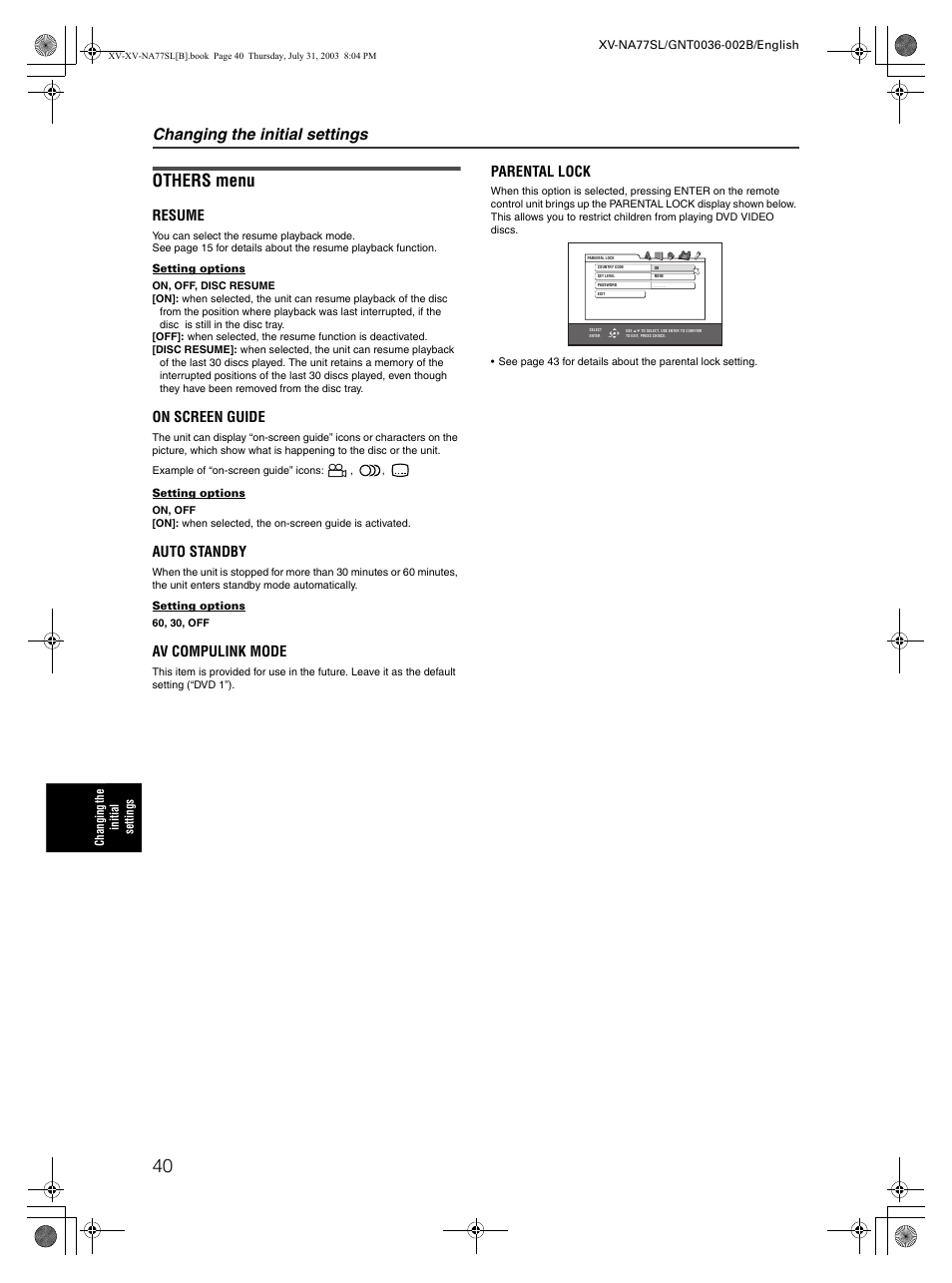 Others menu, Changing the initial settings, Resume | On screen guide, Auto standby, Av compulink mode, Parental lock | JVC XV-NA77SL User Manual | Page 42 / 54