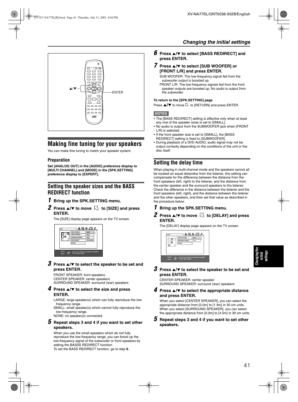 Making fine tuning for your speakers, Setting the delay time, Changing the initial settings | JVC XV-NA77SL User Manual | Page 43 / 54