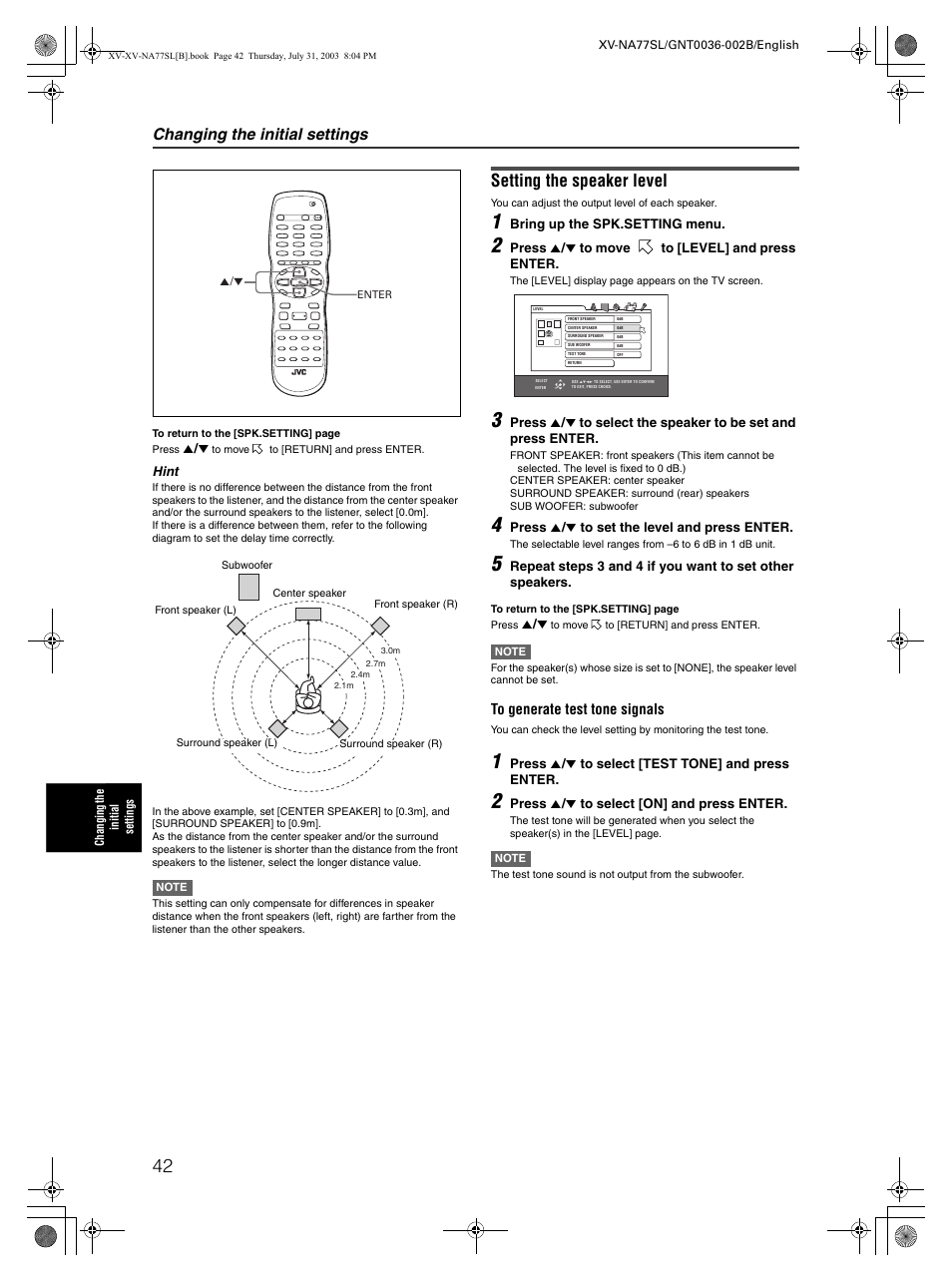 Setting the speaker level, Changing the initial settings | JVC XV-NA77SL User Manual | Page 44 / 54
