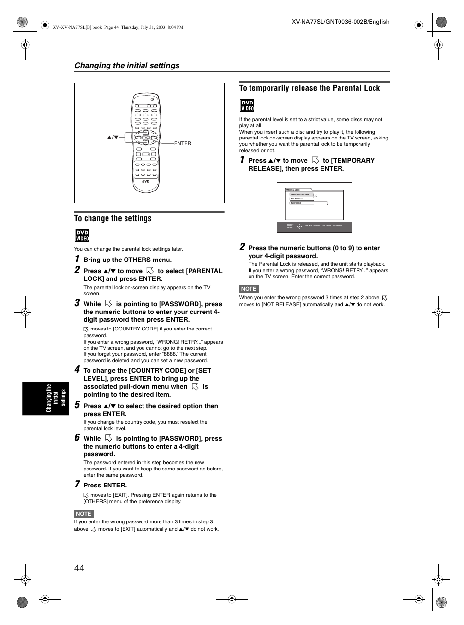 Changing the initial settings | JVC XV-NA77SL User Manual | Page 46 / 54