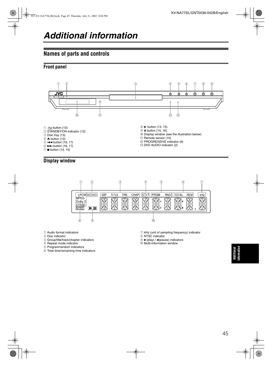 Additional information, Names of parts and controls, Front panel | Display window | JVC XV-NA77SL User Manual | Page 47 / 54