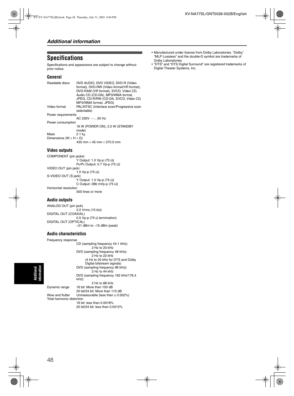 Specifications, Additional information | JVC XV-NA77SL User Manual | Page 50 / 54