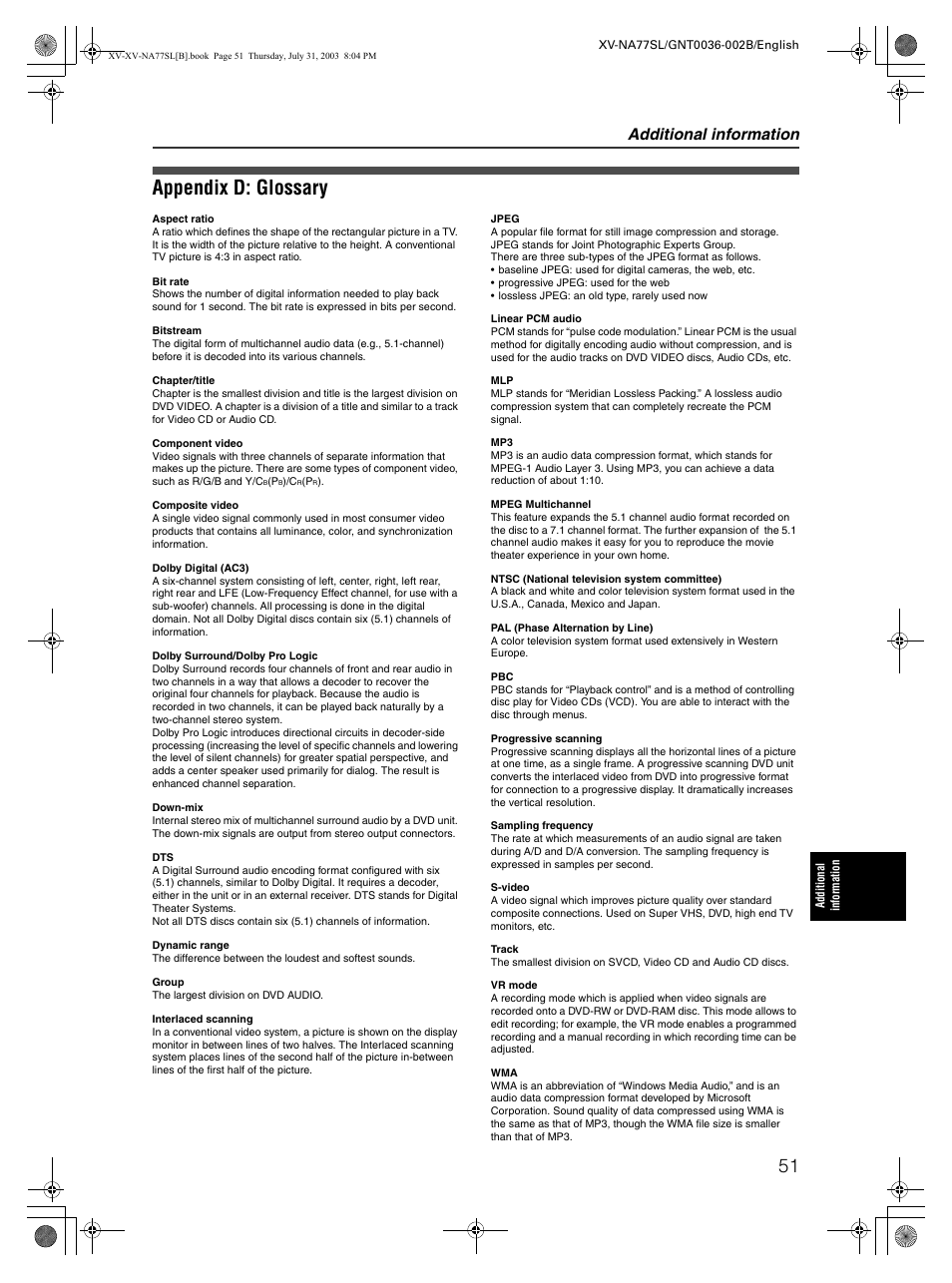 Appendix d: glossary, Additional information | JVC XV-NA77SL User Manual | Page 53 / 54