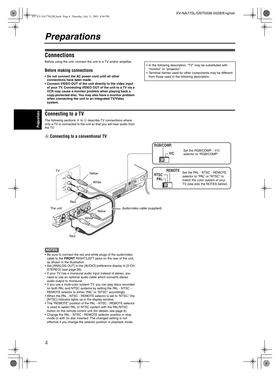 Preparations, Connections, Connecting to a tv | Before making connections, A connecting to a conventional tv, Pal ntsc remote y/c rgb/comp | JVC XV-NA77SL User Manual | Page 6 / 54