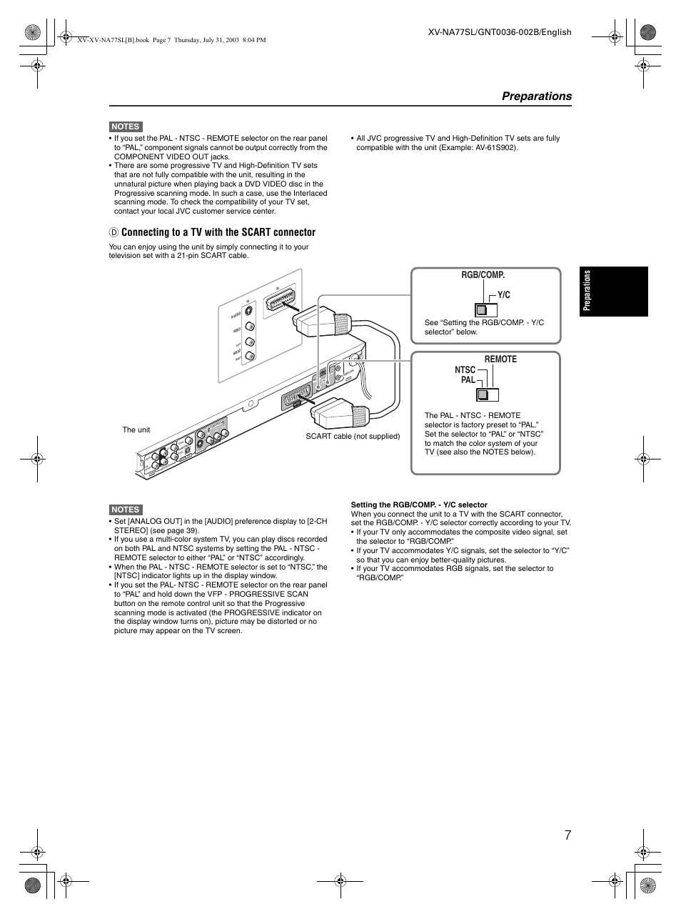 Preparations, D connecting to a tv with the scart connector, Pal ntsc remote y/c rgb/comp | JVC XV-NA77SL User Manual | Page 9 / 54