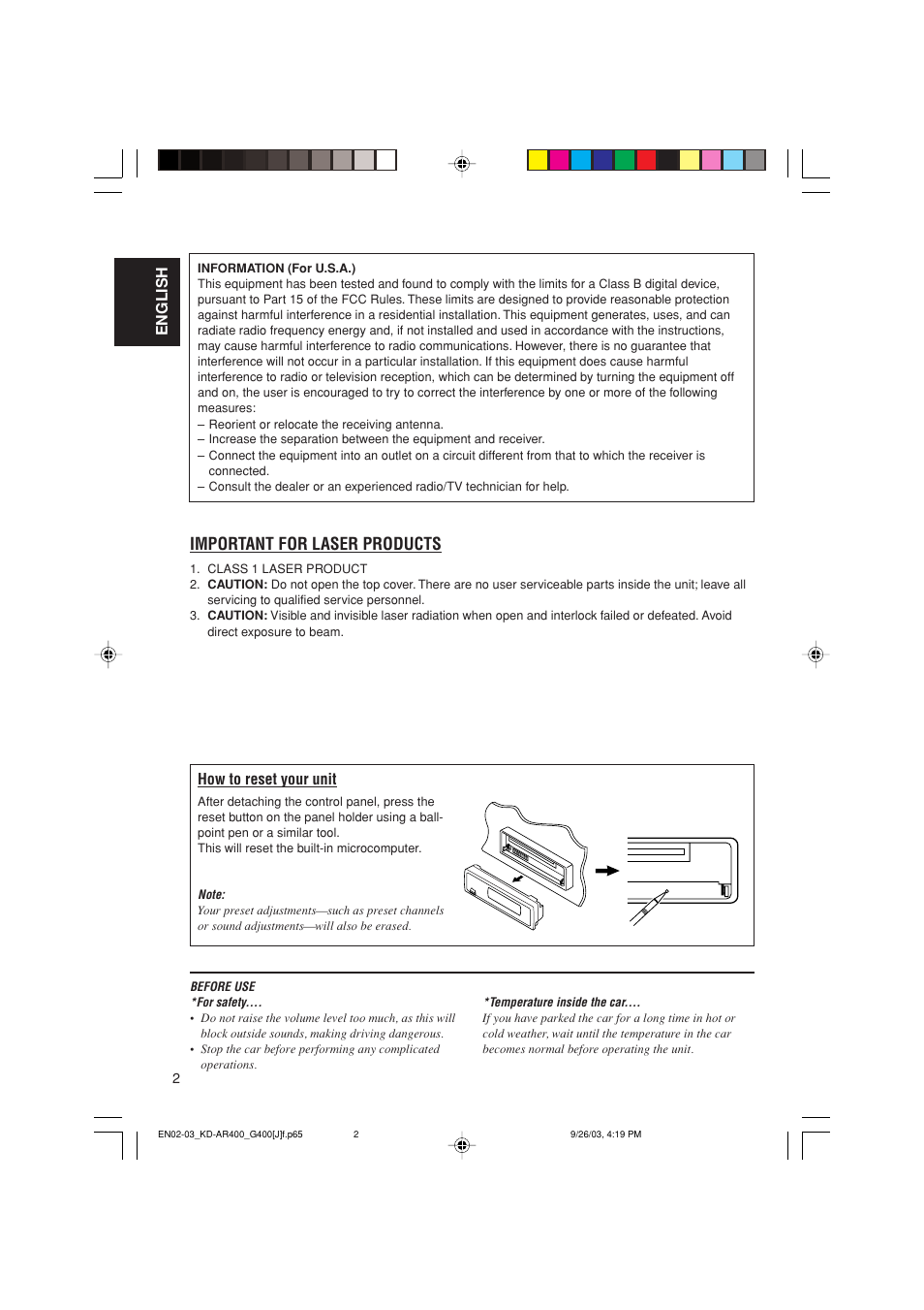 Important for laser products, English how to reset your unit | JVC KD-G400 User Manual | Page 2 / 42