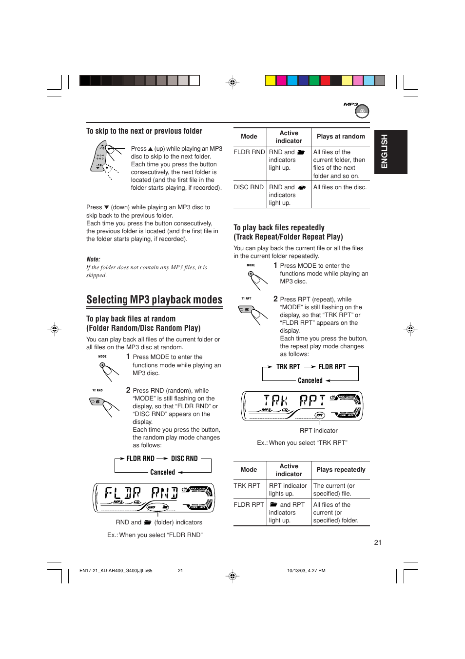 Selecting mp3 playback modes | JVC KD-G400 User Manual | Page 21 / 42