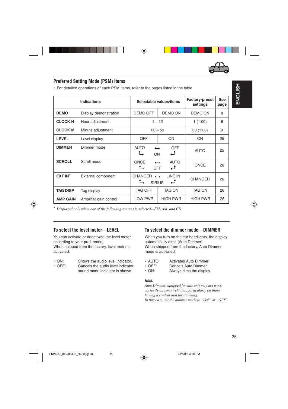 English preferred setting mode (psm) items | JVC KD-G400 User Manual | Page 25 / 42
