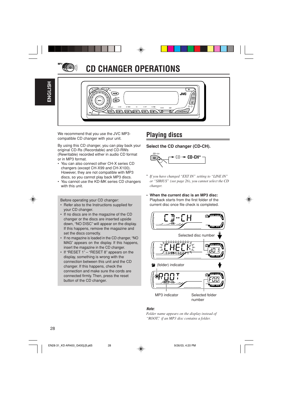 Cd changer operations, Playing discs | JVC KD-G400 User Manual | Page 28 / 42