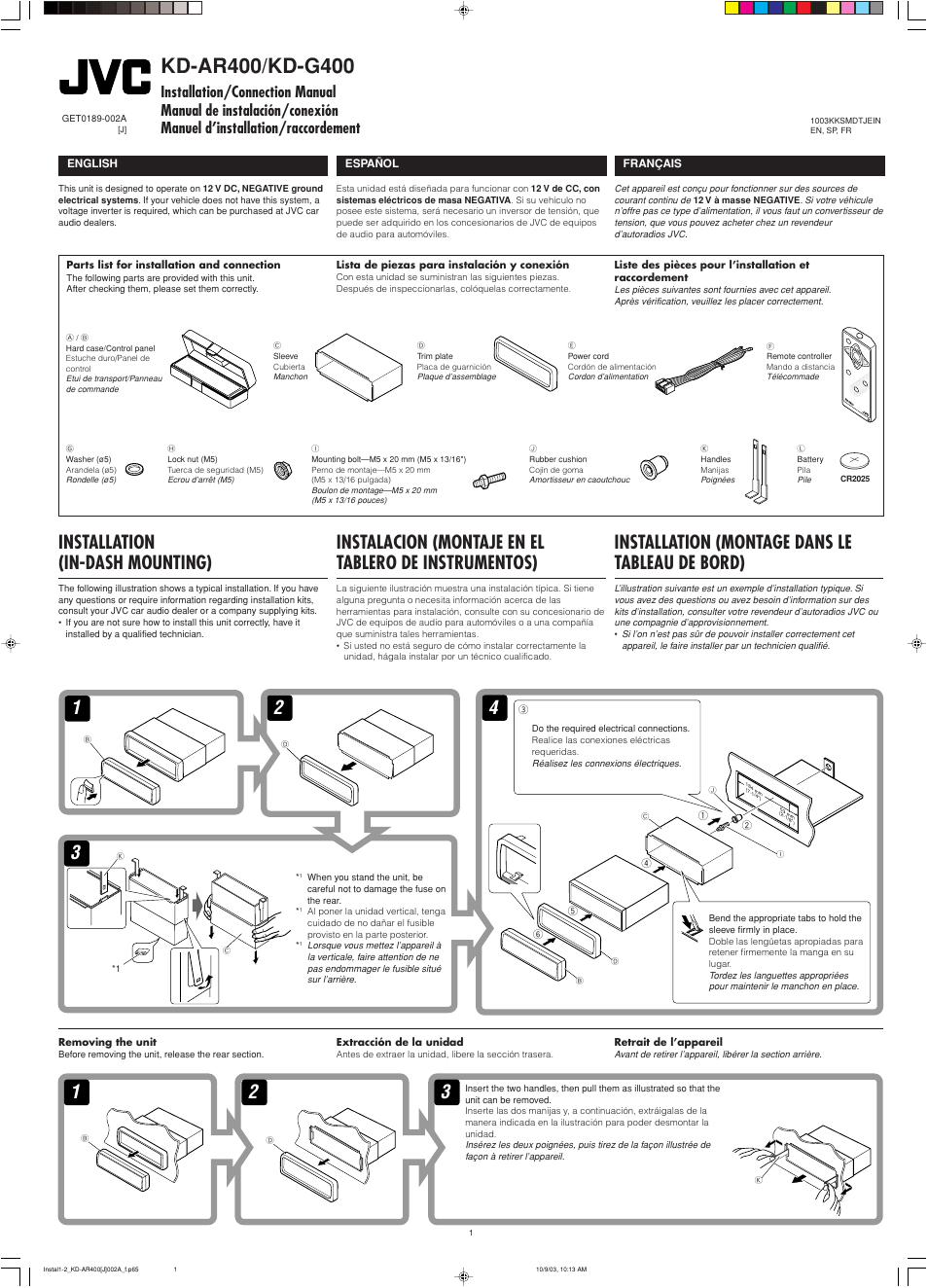Installation/connection manual, Installation, Installation (in-dash mounting) | Installation (montage dans le tableau de bord) | JVC KD-G400 User Manual | Page 39 / 42
