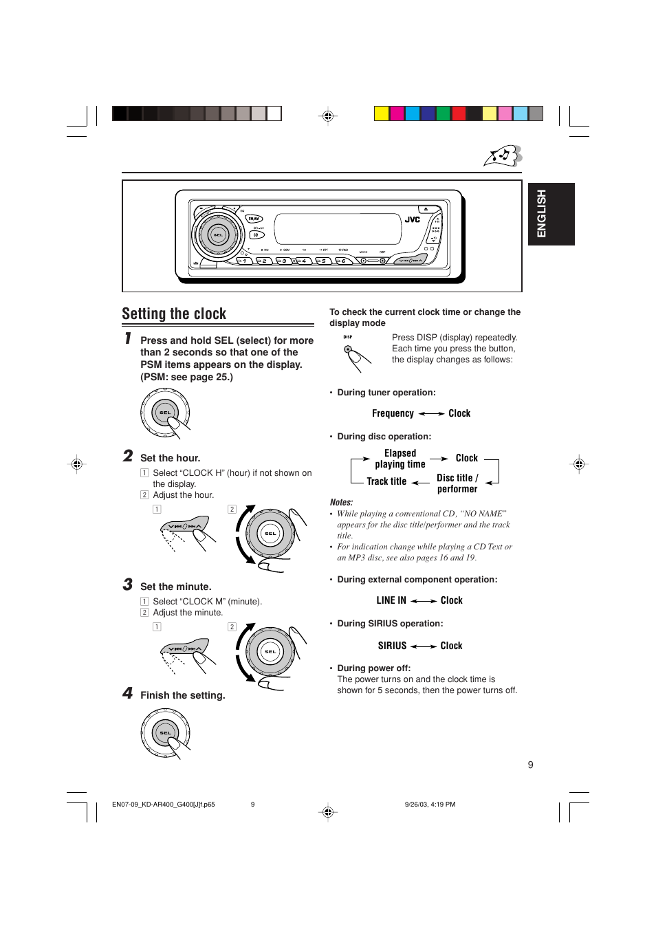 Setting the clock 1 | JVC KD-G400 User Manual | Page 9 / 42