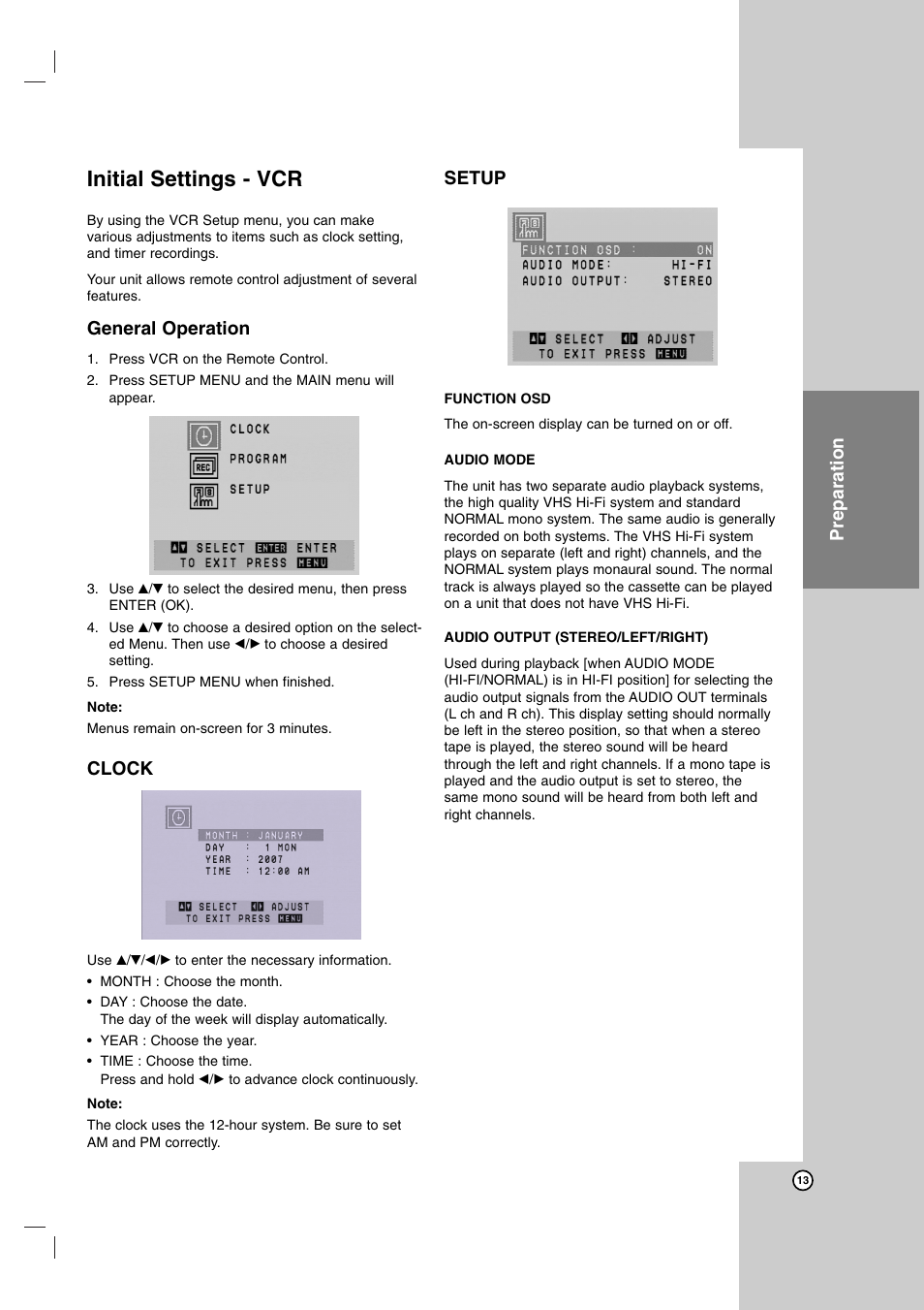 Initial settings - vcr, Preparation, General operation | Clock, Setup | JVC HR-XVC14BU User Manual | Page 13 / 36