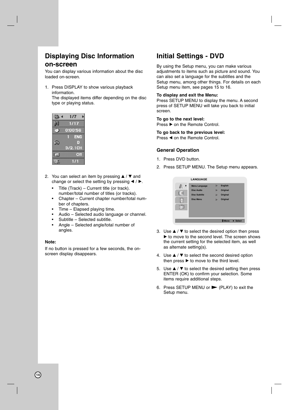 Displaying disc information on-screen, Initial settings - dvd, General operation | JVC HR-XVC14BU User Manual | Page 14 / 36