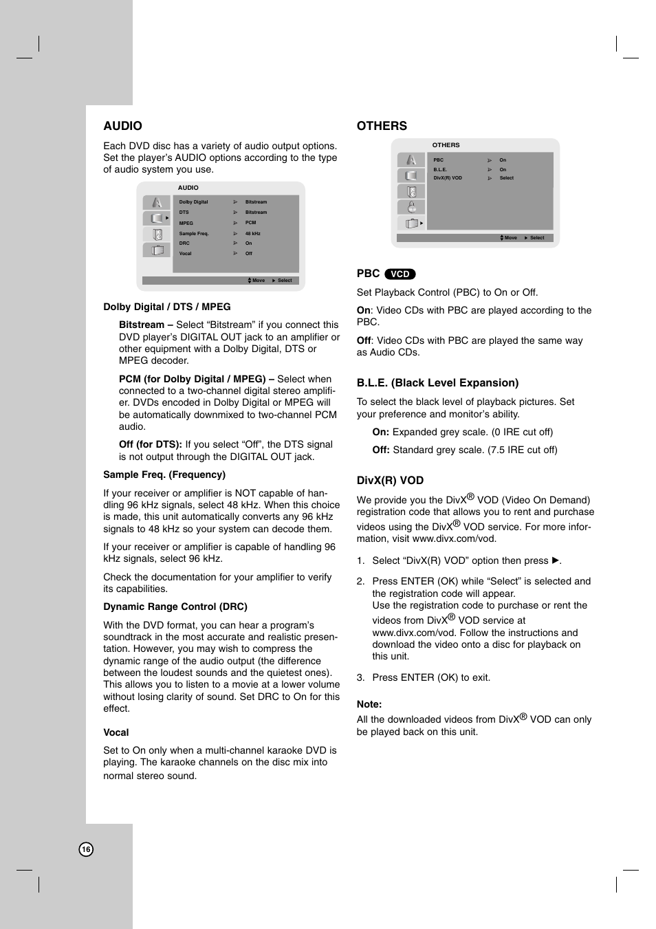 Audio, Others, B.l.e. (black level expansion) | Divx(r) vod | JVC HR-XVC14BU User Manual | Page 16 / 36