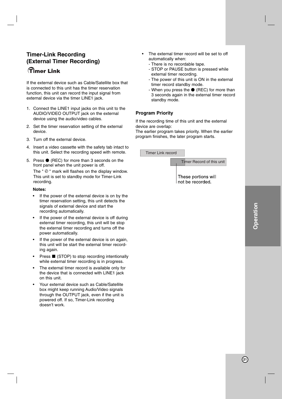 Timer-link recording (external timer recording), Operation | JVC HR-XVC14BU User Manual | Page 21 / 36