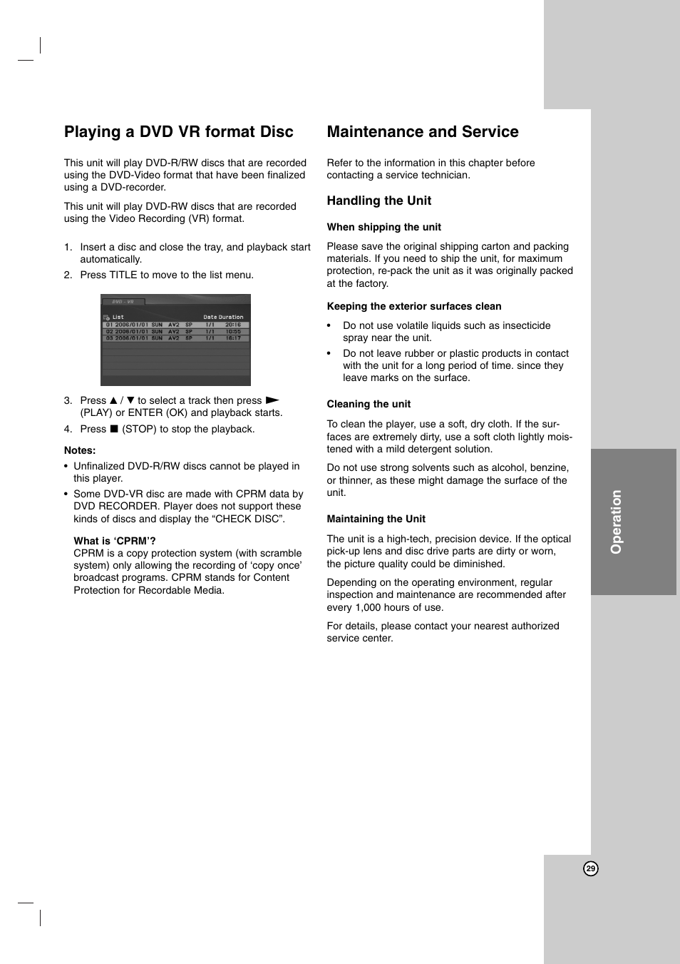 Playing a dvd vr format disc, Maintenance and service, Operation | JVC HR-XVC14BU User Manual | Page 29 / 36