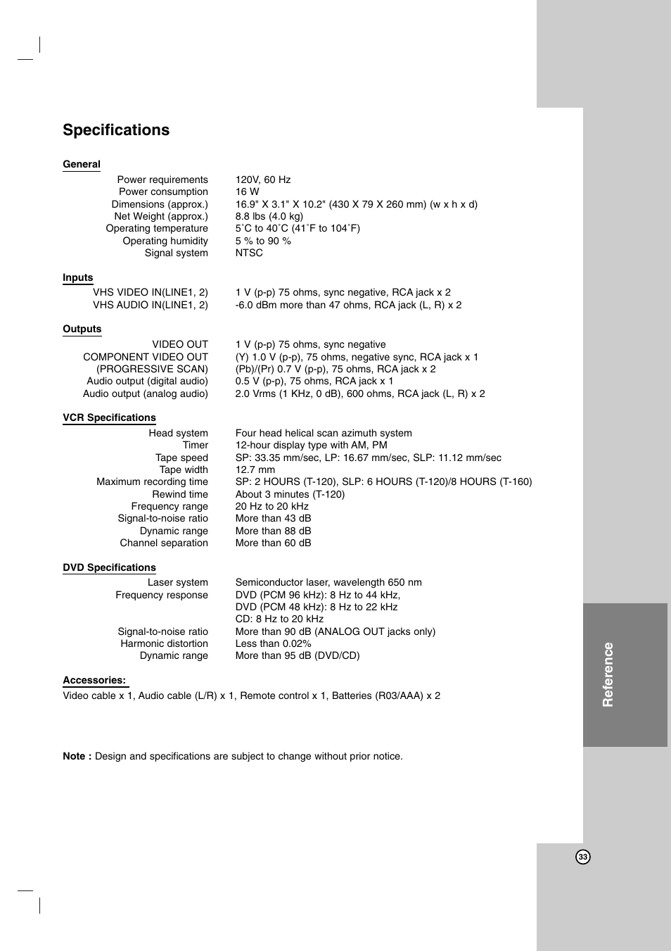 Specifications, Reference | JVC HR-XVC14BU User Manual | Page 33 / 36