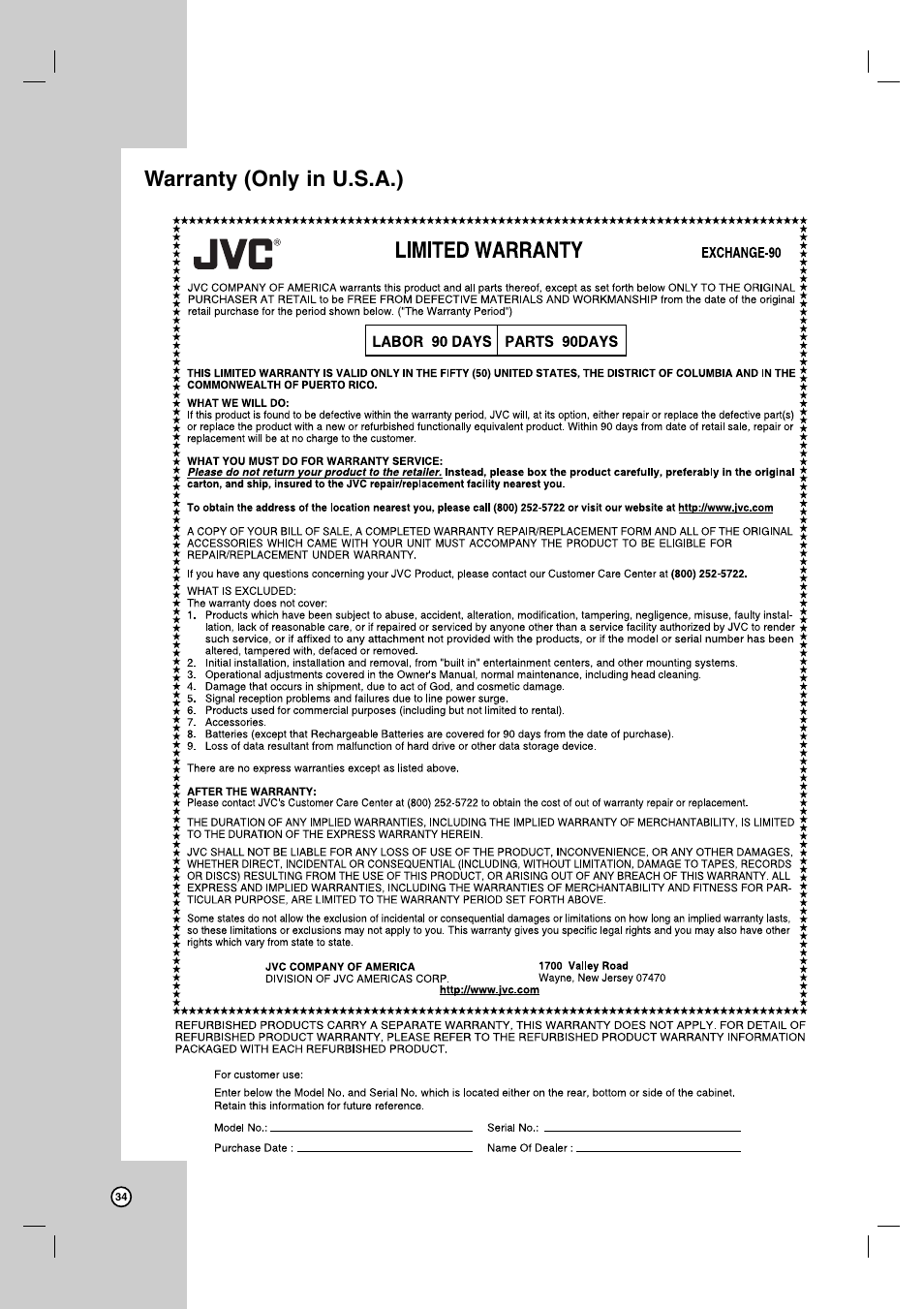 Warranty (only in u.s.a.) | JVC HR-XVC14BU User Manual | Page 34 / 36