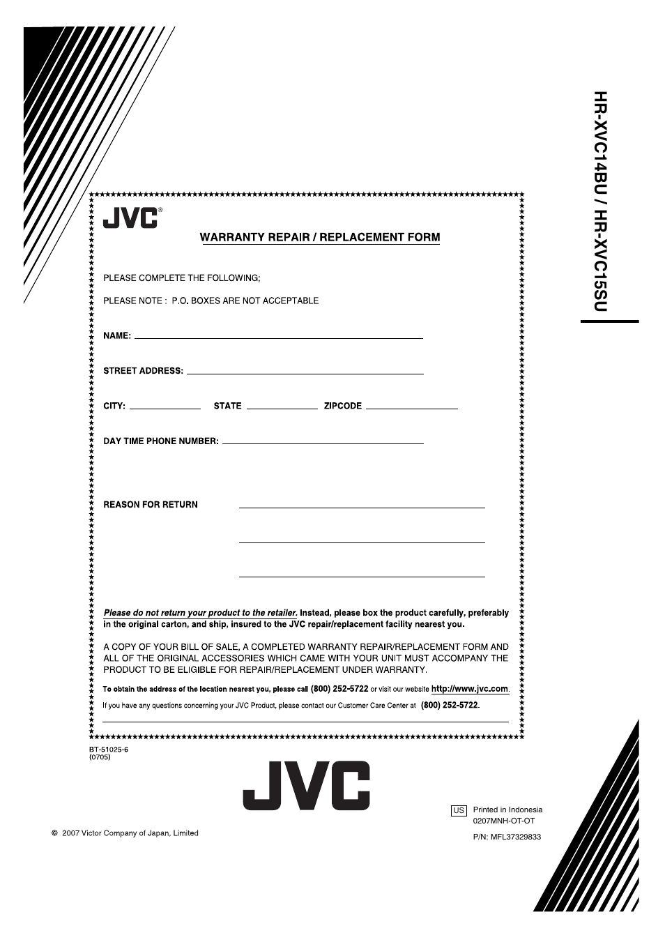 Hr-xvc14bu / hr-xvc15su | JVC HR-XVC14BU User Manual | Page 36 / 36