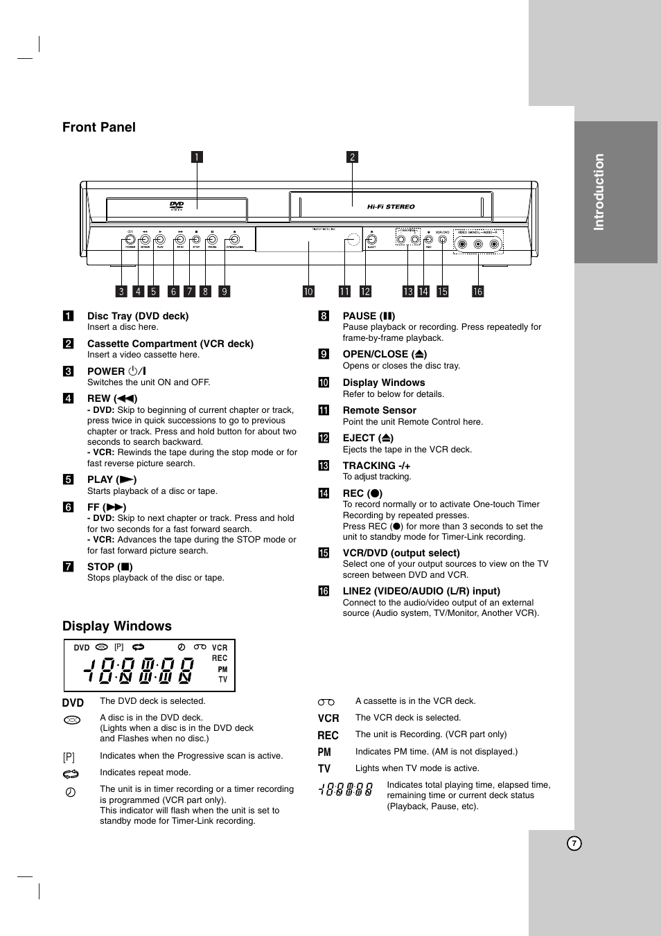 Introduction, Front panel display windows | JVC HR-XVC14BU User Manual | Page 7 / 36