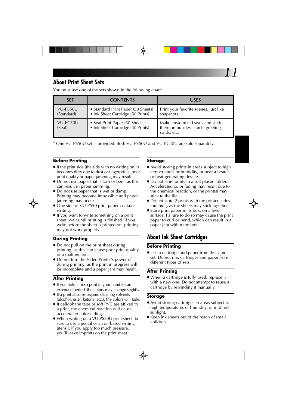 About print sheet sets, About ink sheet cartridges | JVC GV-PT1 User Manual | Page 11 / 36