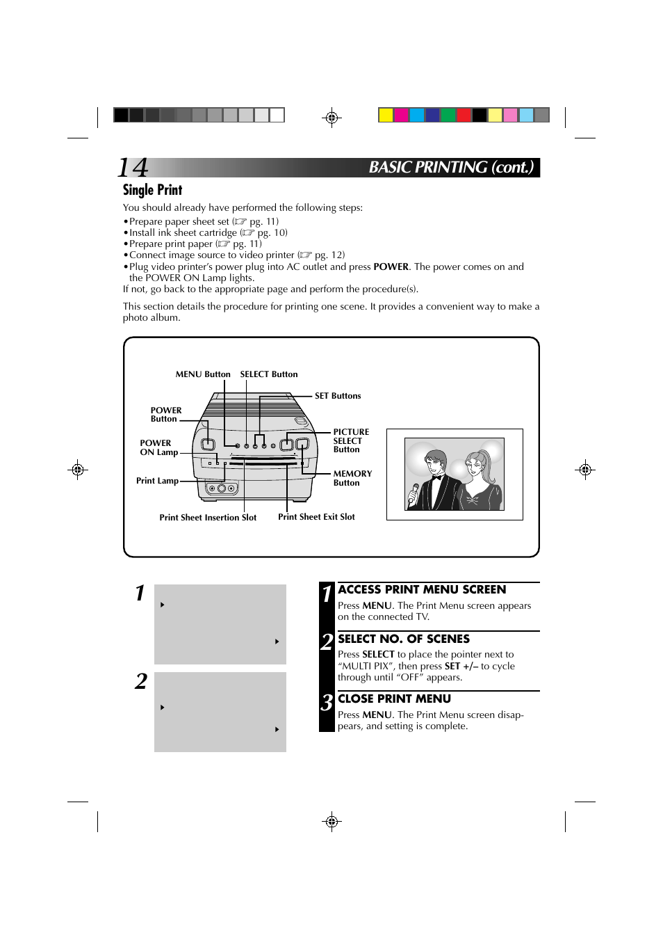 Basic printing (cont.), Single print | JVC GV-PT1 User Manual | Page 14 / 36