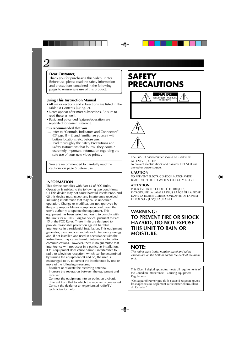 Safety precautions | JVC GV-PT1 User Manual | Page 2 / 36