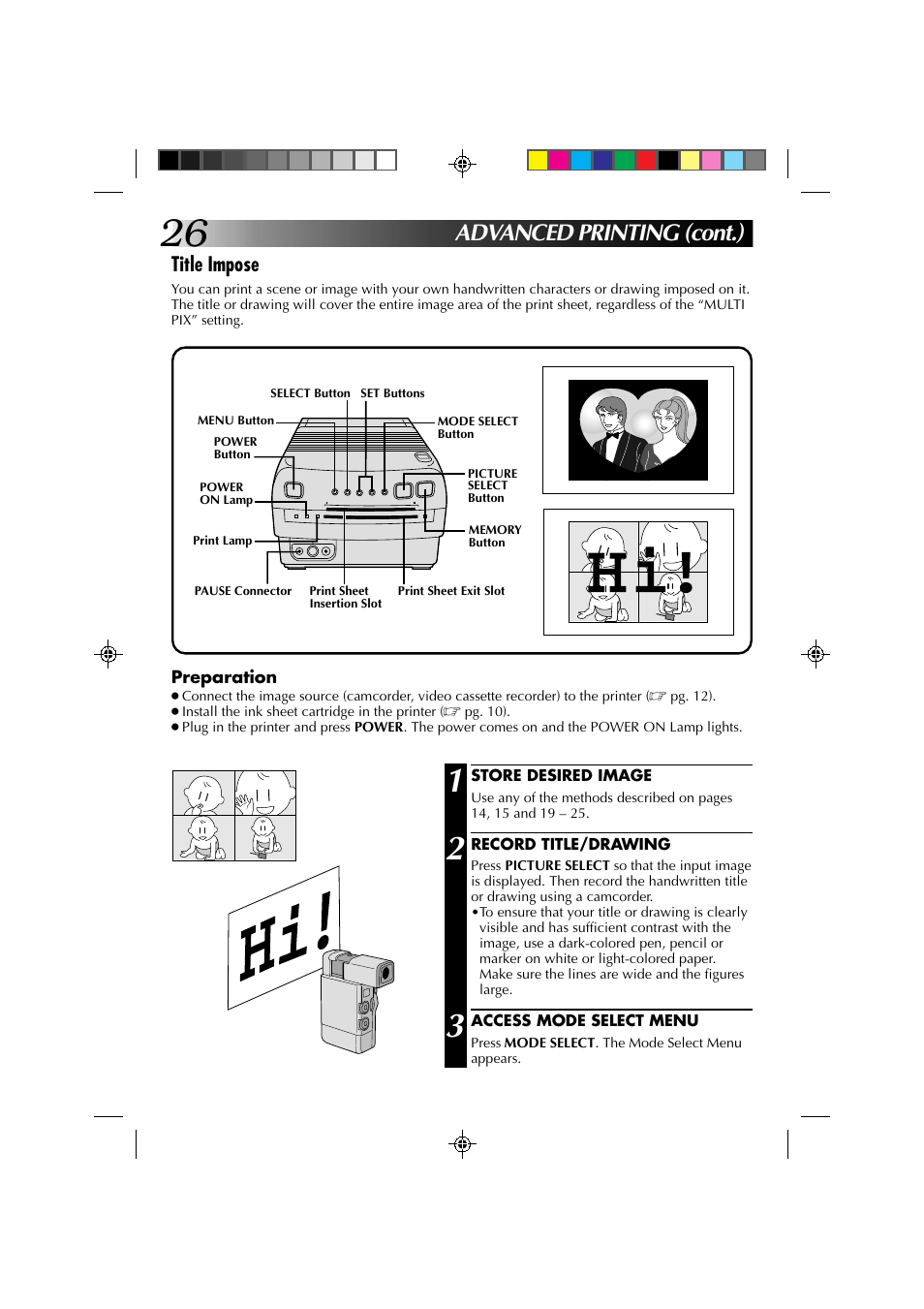 Advanced printing (cont.), Title impose | JVC GV-PT1 User Manual | Page 26 / 36