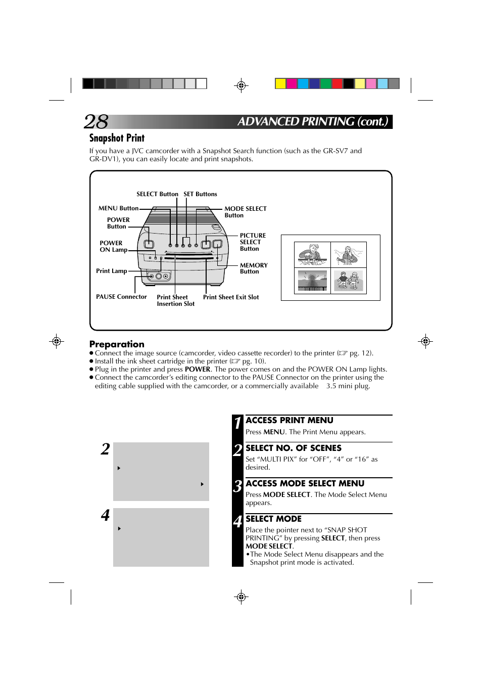 Advanced printing (cont.), Snapshot print | JVC GV-PT1 User Manual | Page 28 / 36