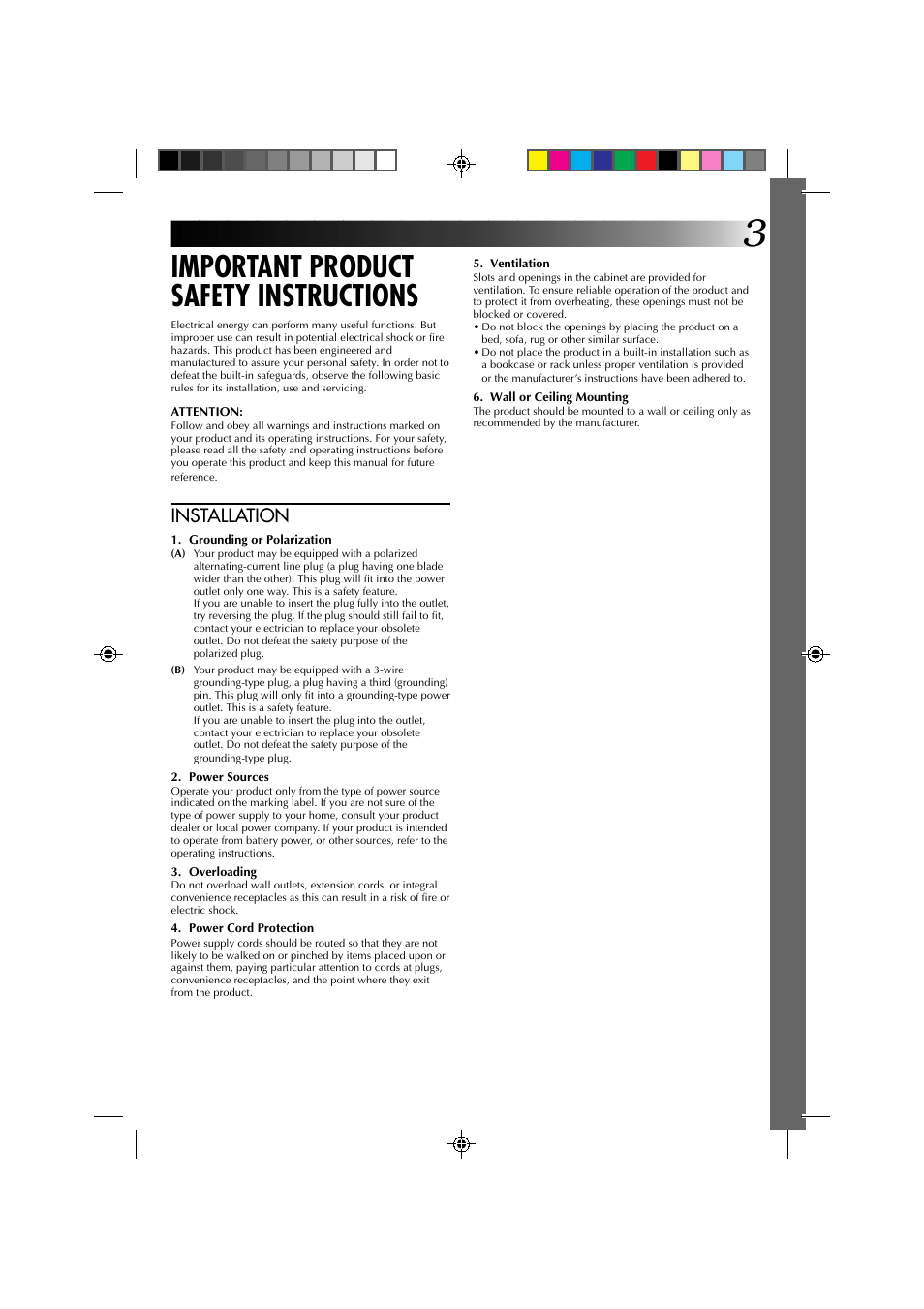 Important product safety instructions, Installation | JVC GV-PT1 User Manual | Page 3 / 36